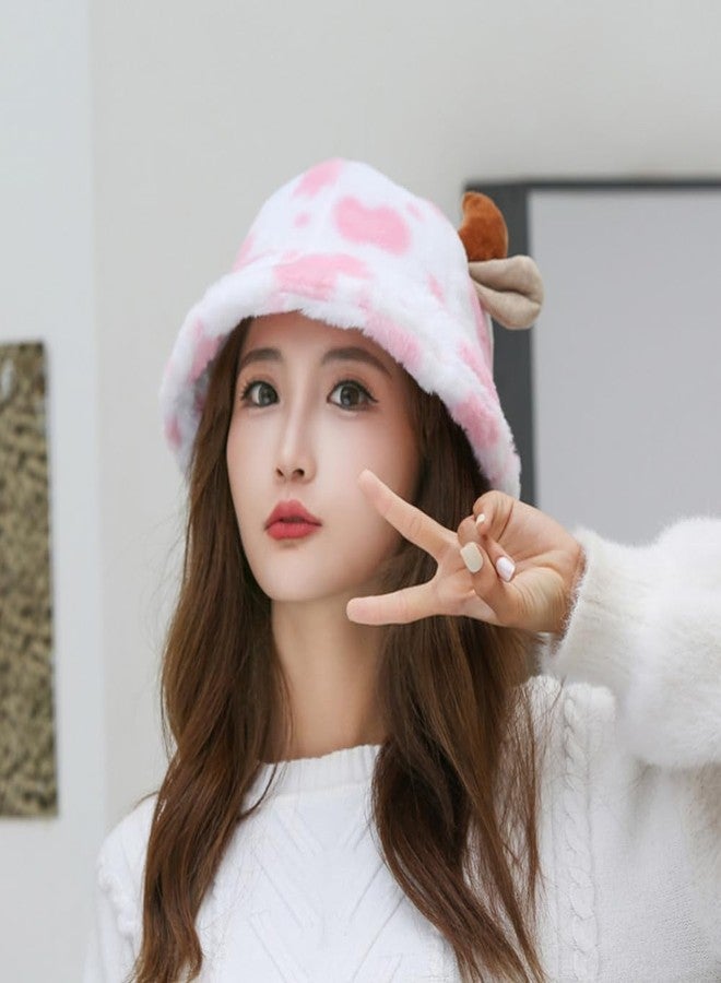 BSYLOO Funky Fuzzy Cow Print Bucket Hat with Plush Horns - Perfect for Women and Girls! Pink - Image 3